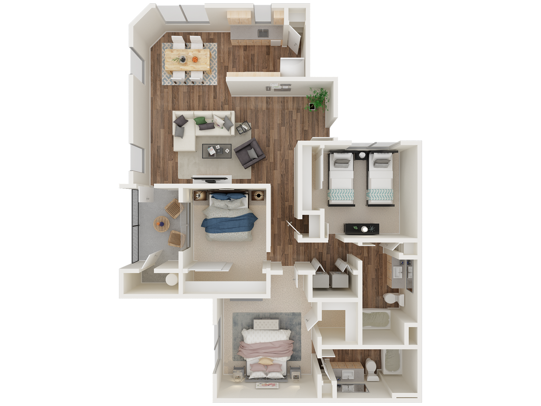 Floor plan for 3 beds, 2 baths, 1256 sqft